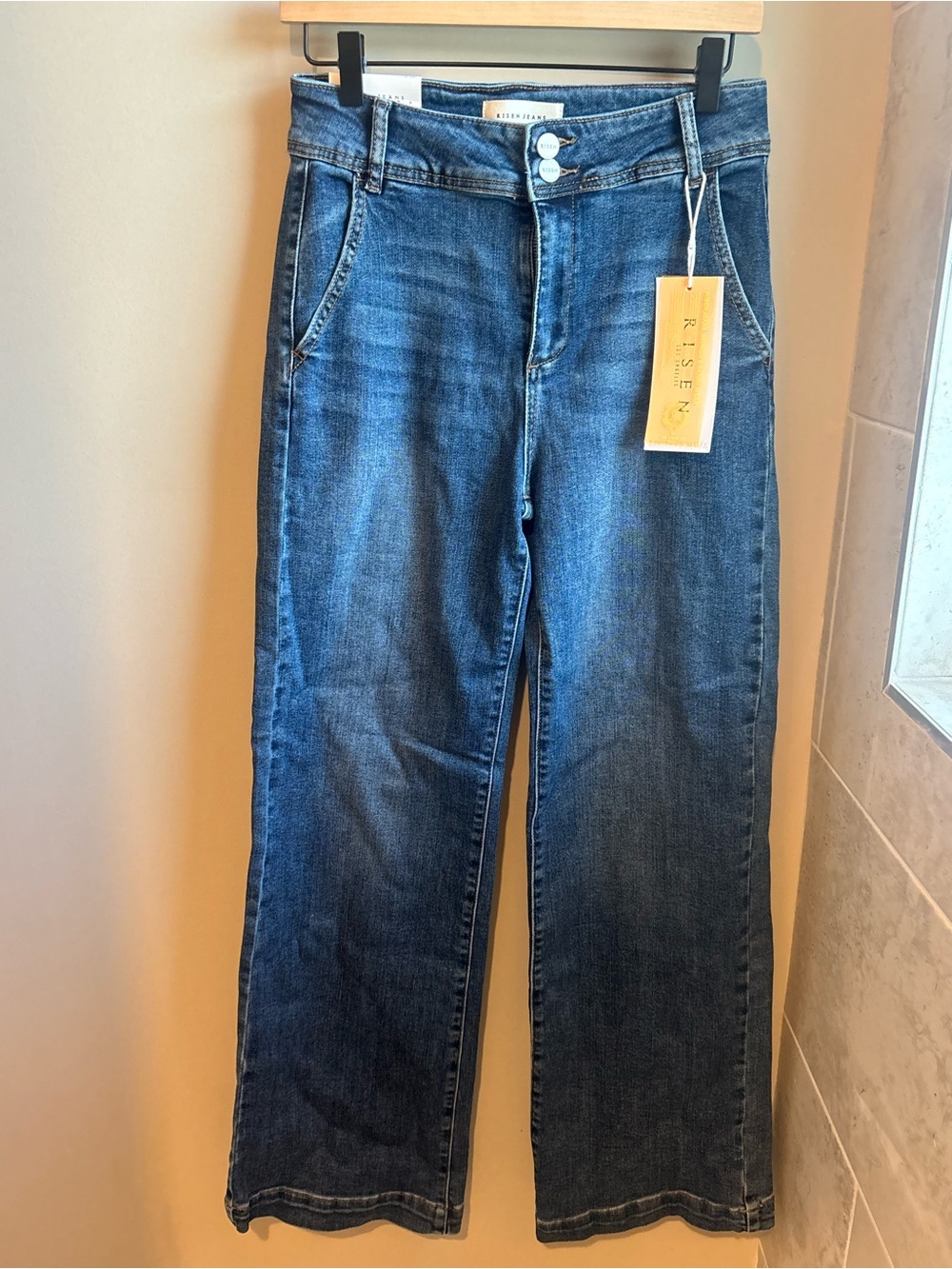 Risen Wide-Leg Mid-Rise Jeans in Indigo